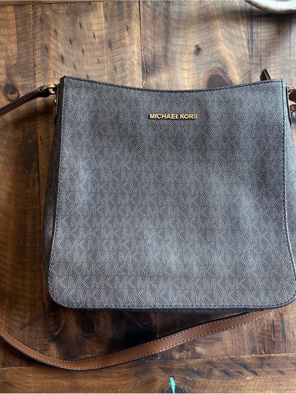 Michael Kors Dark Brown Leather-Texture Messenger Bag with Gold Logo